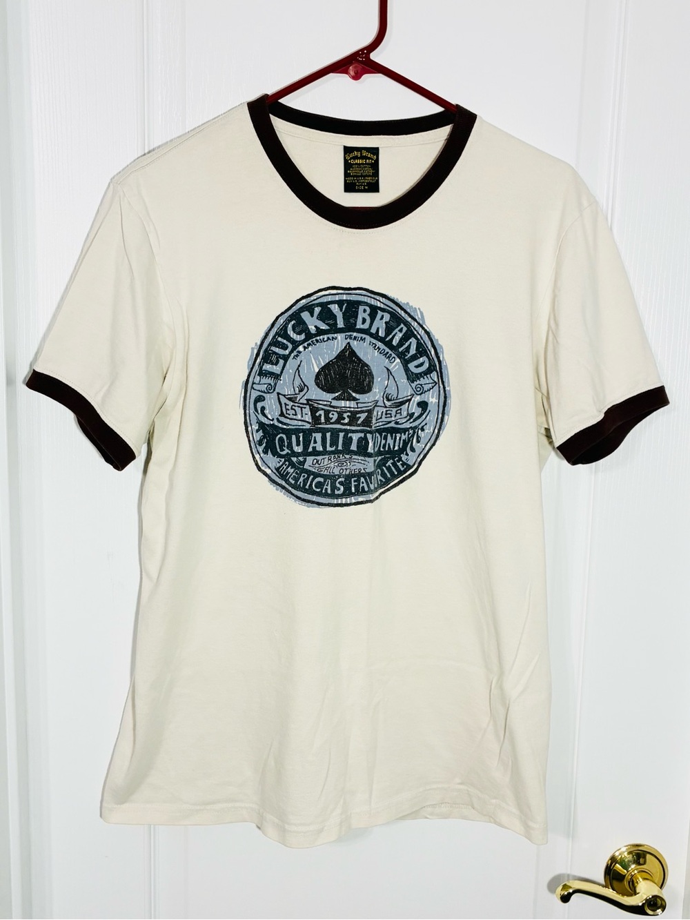 Y2K VTG Lucky Brand USA MADE Logo Graphic Ringer Tee Cream Dark Red Men’s Medium